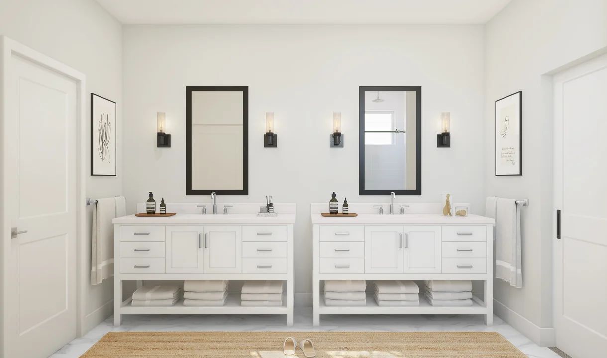 Primary bath with dual vanities and chrome fixtures