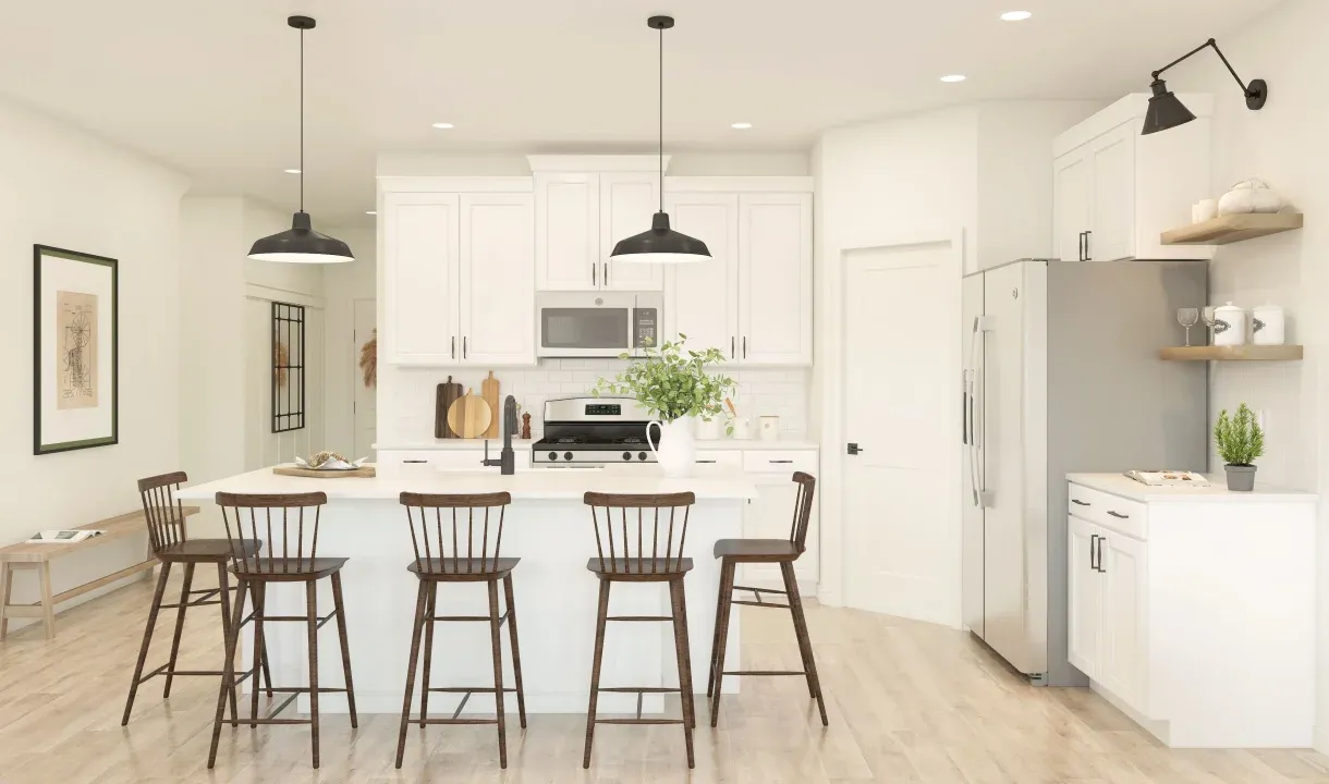 Kitchen with pendant lighting and floating shelves