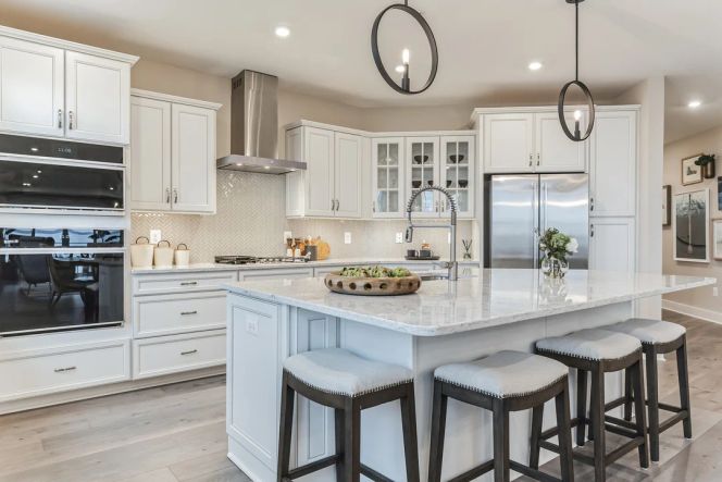 Kitchen with island and pendant lighting