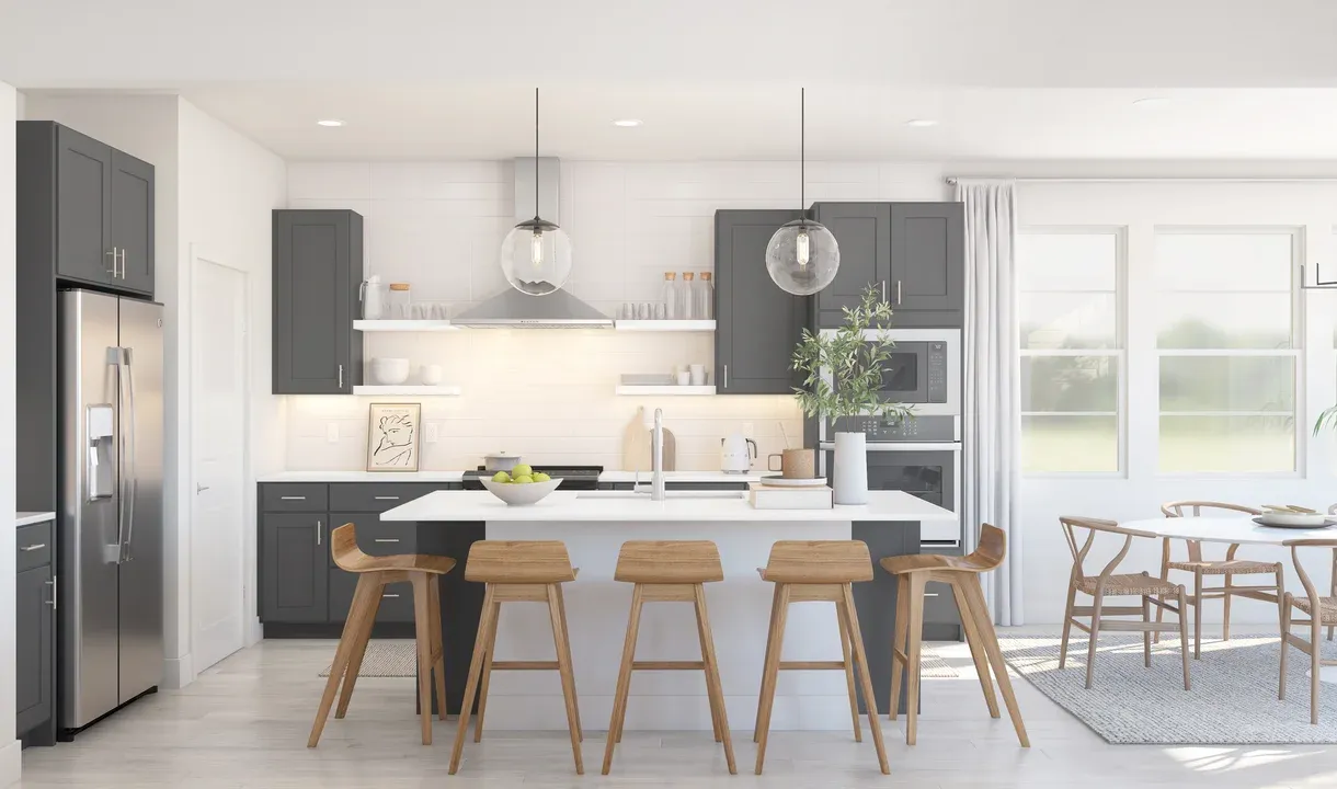 Kitchen with floating shelves and pendant lighting
