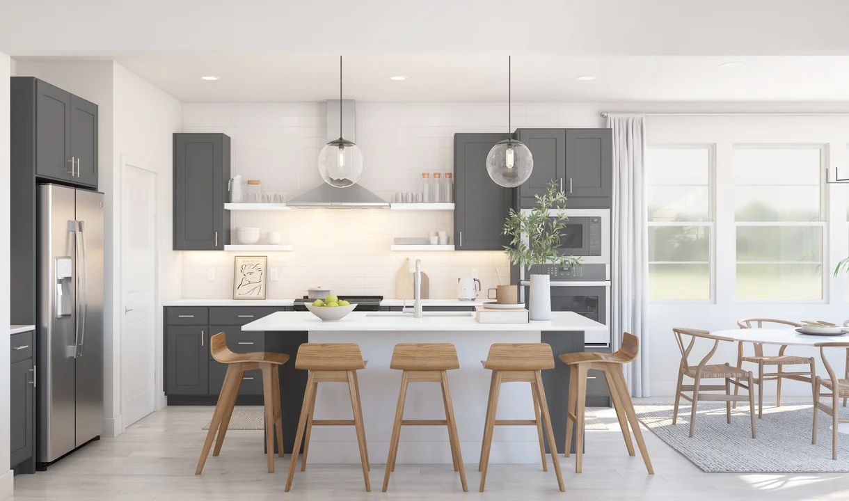 Kitchen with floating shelves and pendant lighting