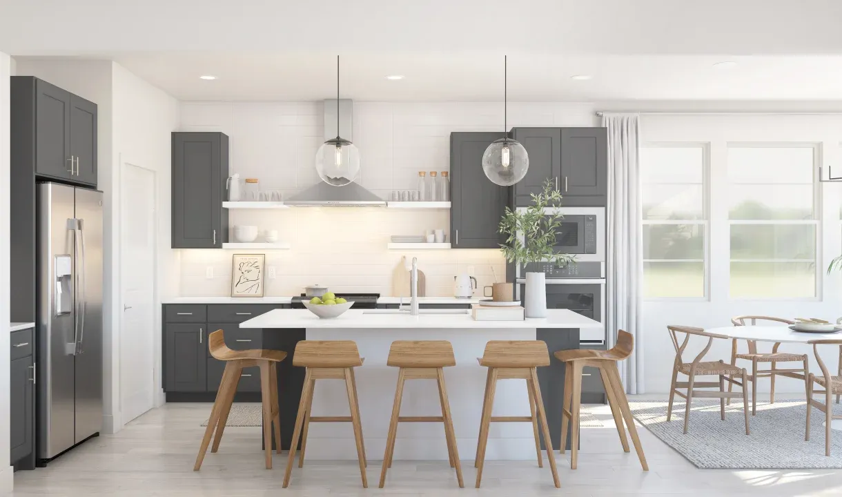 Kitchen with floating shelves and pendant lighting