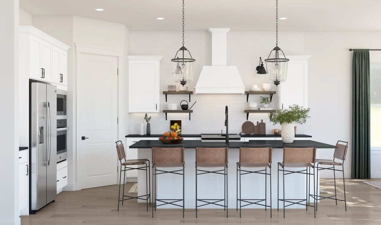 Kitchen with pendant lighting and floating shelves
