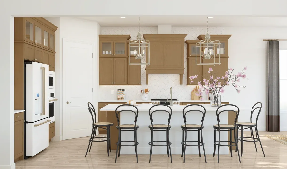 Kitchen with glass upper cabinets and pendant lighting