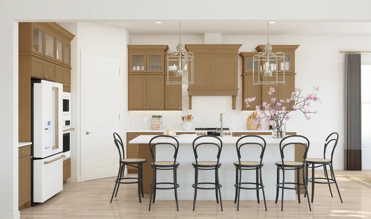Kitchen with glass upper cabinets and pendant lighting