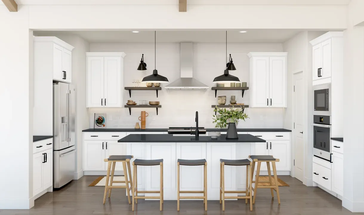 Kitchen with floating shelves and pendant lighting