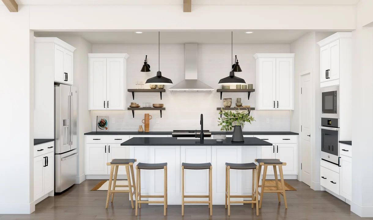Kitchen with floating shelves and pendant lighting
