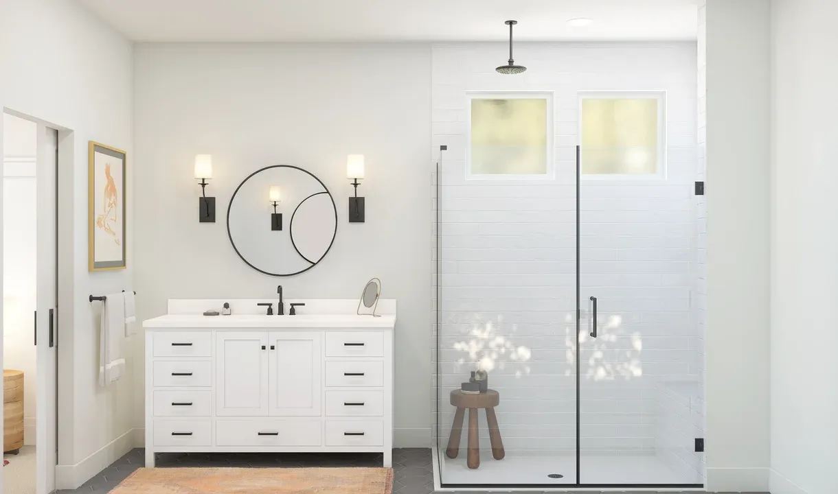 Primary bath with furniture like vanity