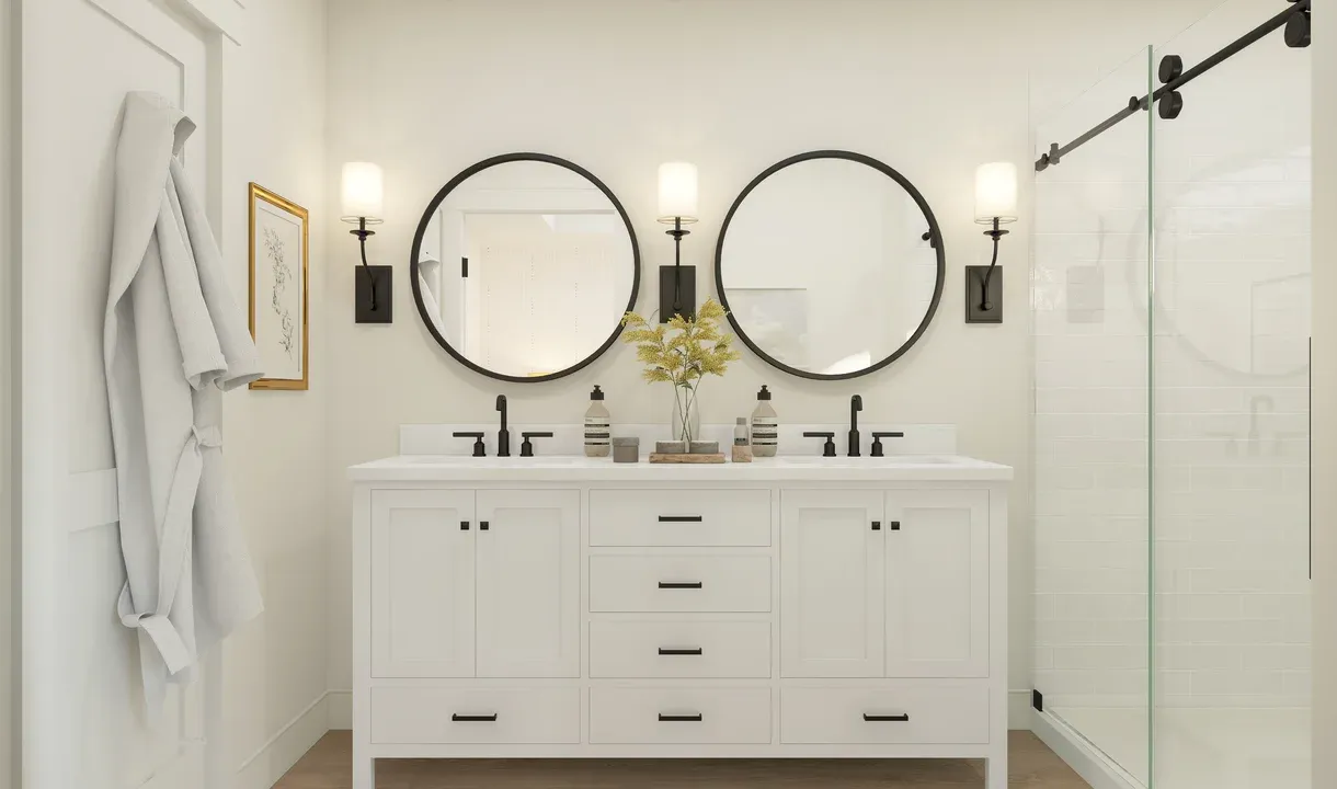 Primary bath features freestanding vanity with dual sinks