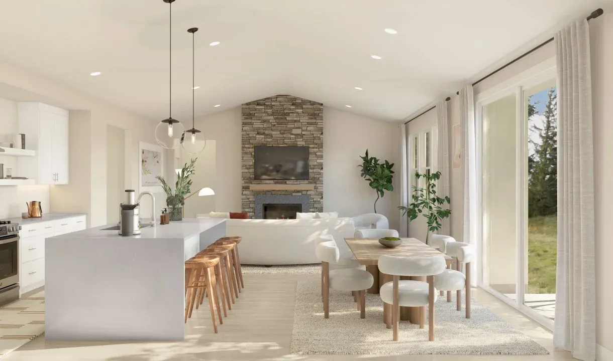 Dining area & great room with vaulted ceiling