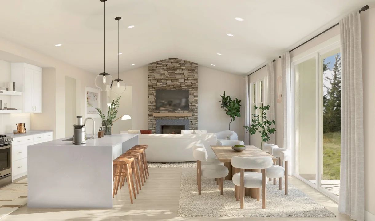 Dining area & great room with vaulted ceiling