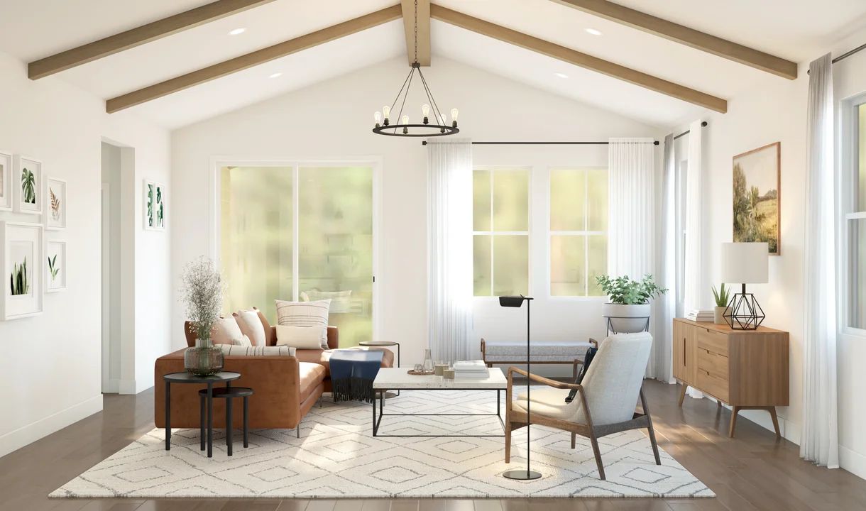 Great room with stained ceiling beams and vaulted ceiling