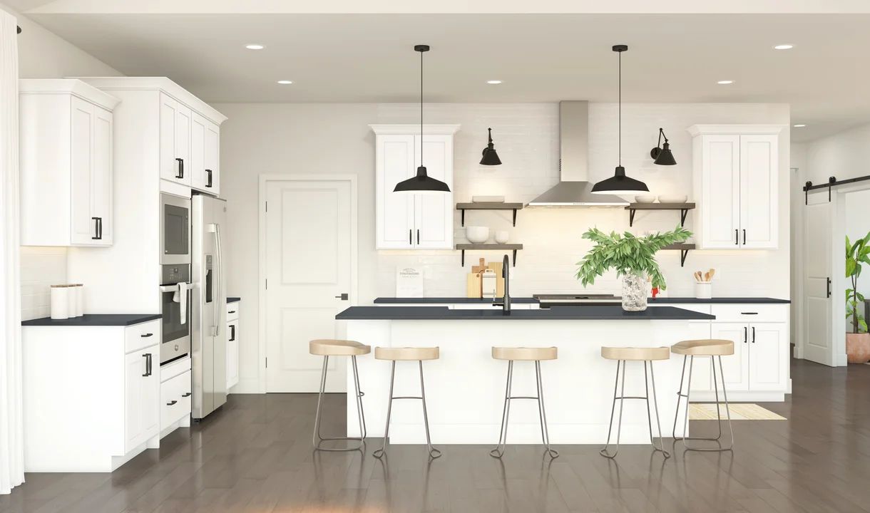 Kitchen with floating shelves and pendant lighting