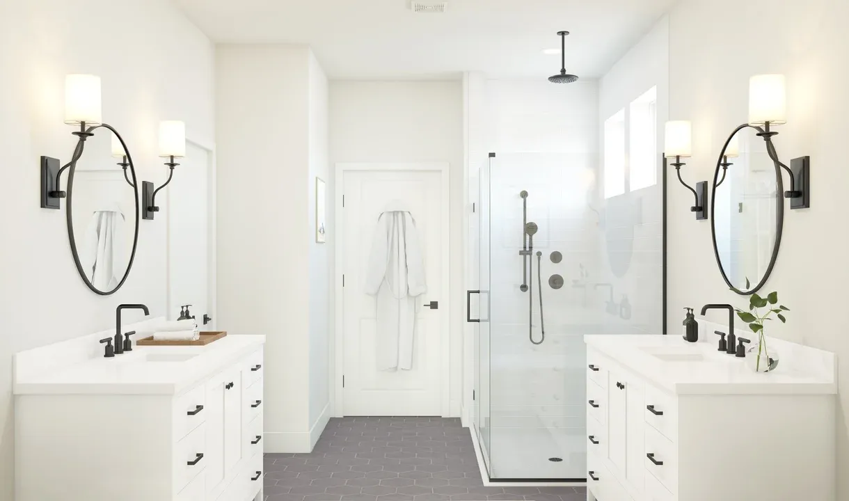 Primary bath with dual vanities and matte black fixtures