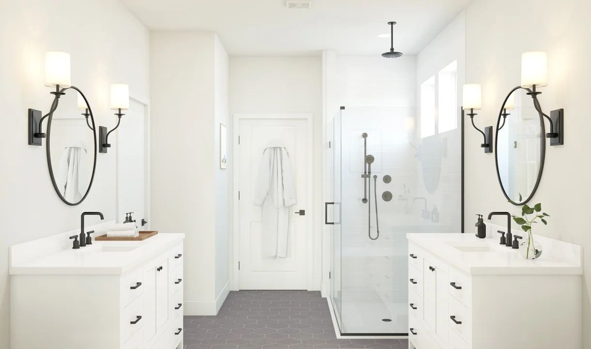 Primary bath with dual vanities and matte black fixtures