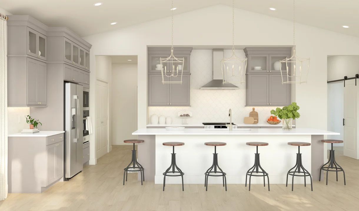 Kitchen with pendant lighting and glass upper cabinets