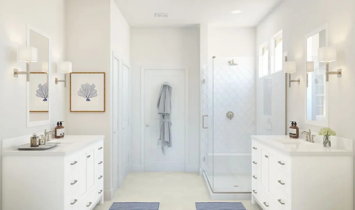 Primary bath with dual sinks and glass shower enclosure