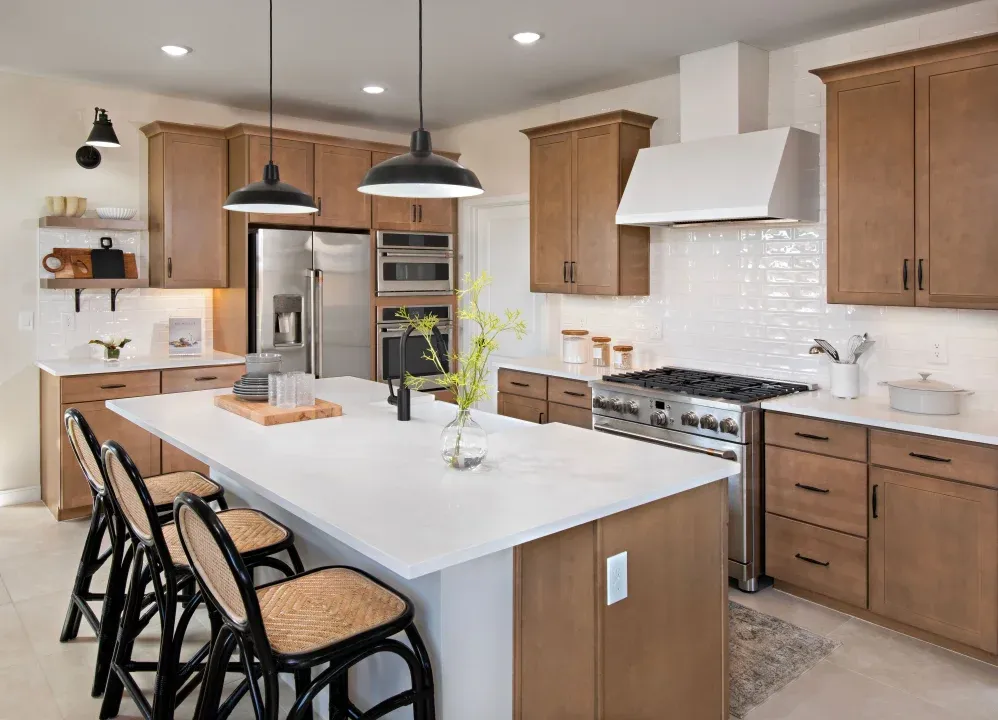 Kitchen with floating shelves and subway tile backsplash