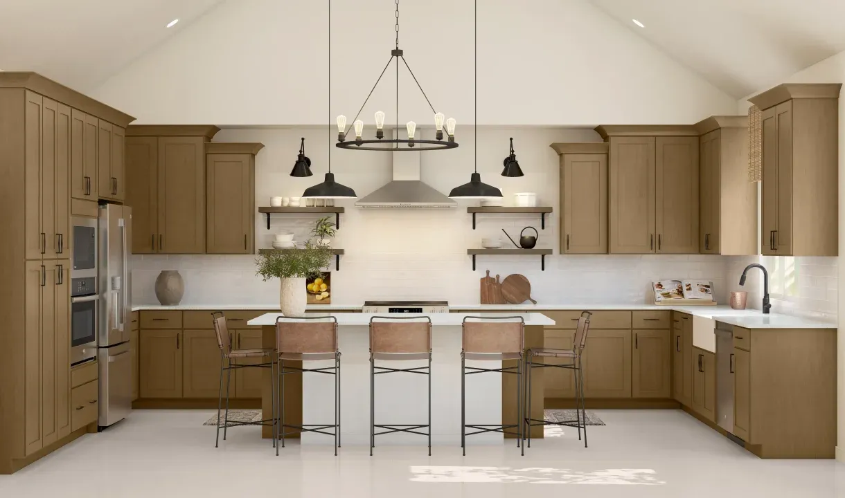 Kitchen with pendant lighting and chandelier
