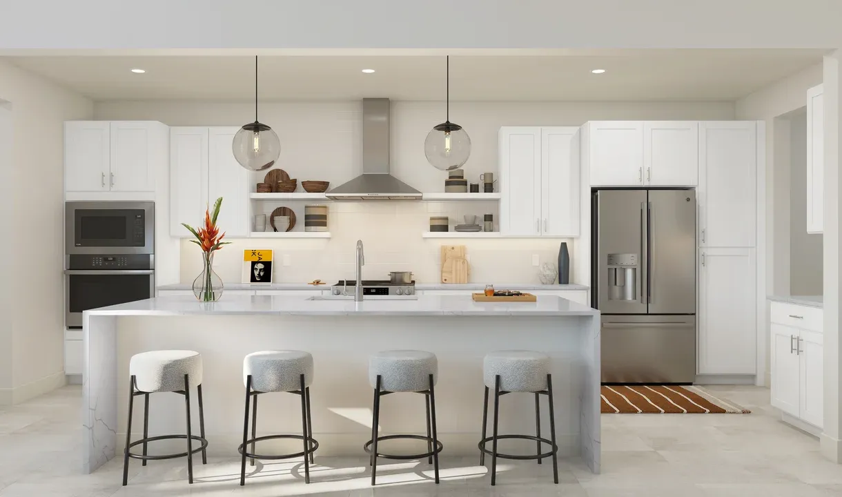 Kitchen with pendant lighting and floating shelves