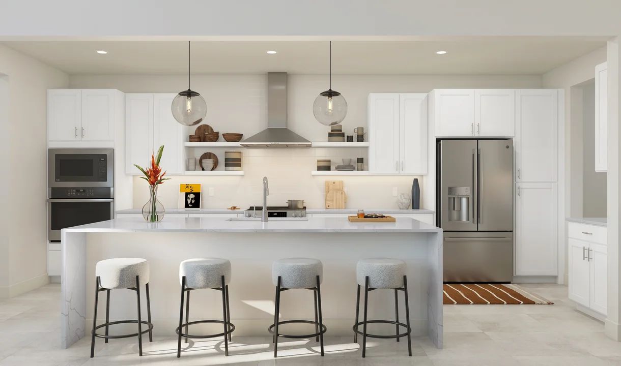 Kitchen with pendant lighting and floating shelves