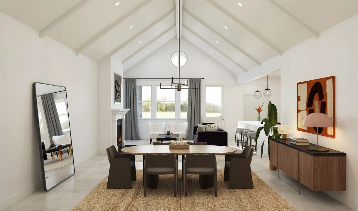 Dining area with vaulted ceiling and painted ceiling beams