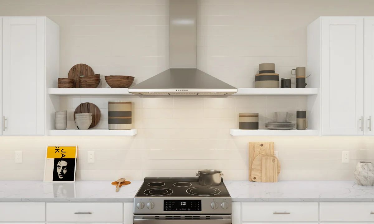 Kitchen with floating shelves and stainless steel hood vent