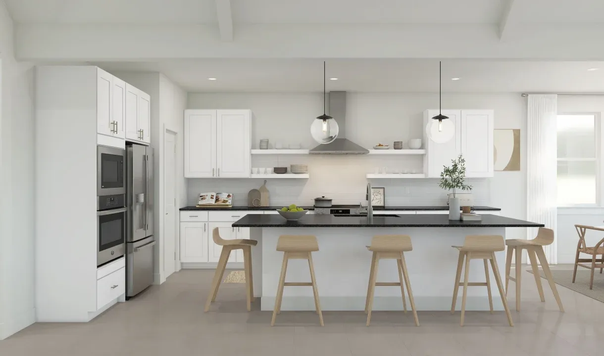 Kitchen with pendant lighting and floating shelves