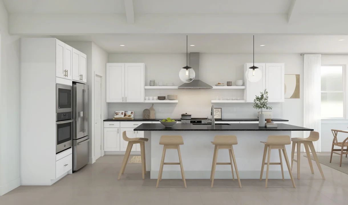 Kitchen with pendant lighting and floating shelves