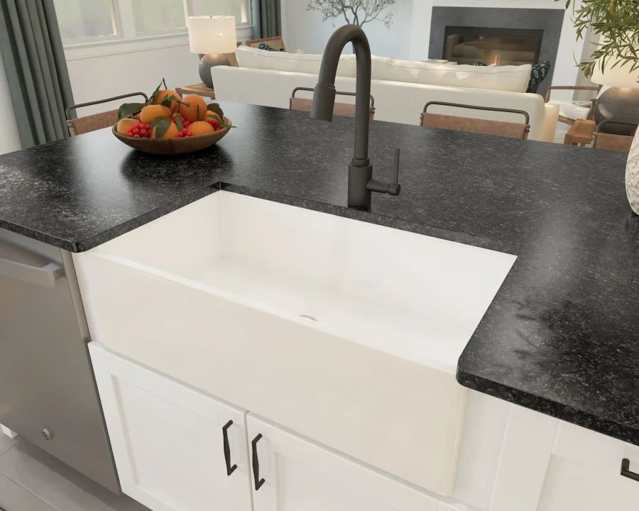 Kitchen with white apron-front sink and matte black fixtures