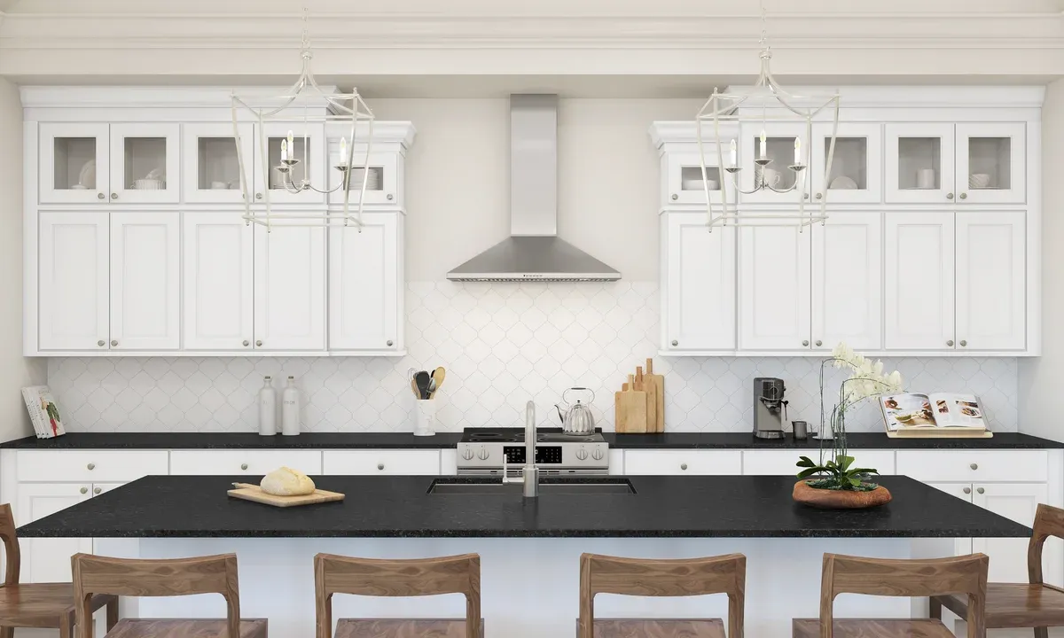 Kitchen with glass upper cabinets and pendant lighting