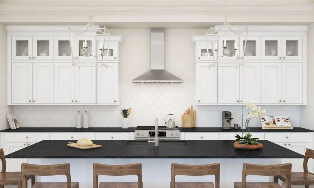 Kitchen with glass upper cabinets and pendant lighting