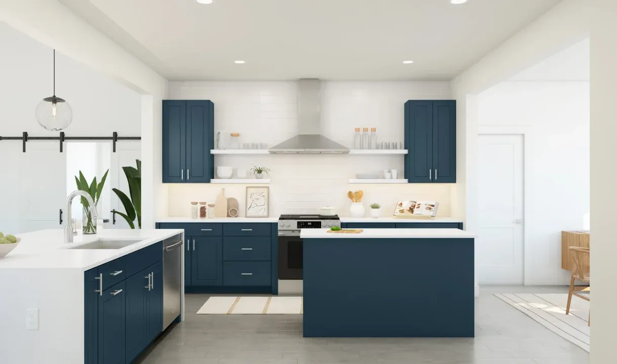 Kitchen with pendant lighting and floating shelves