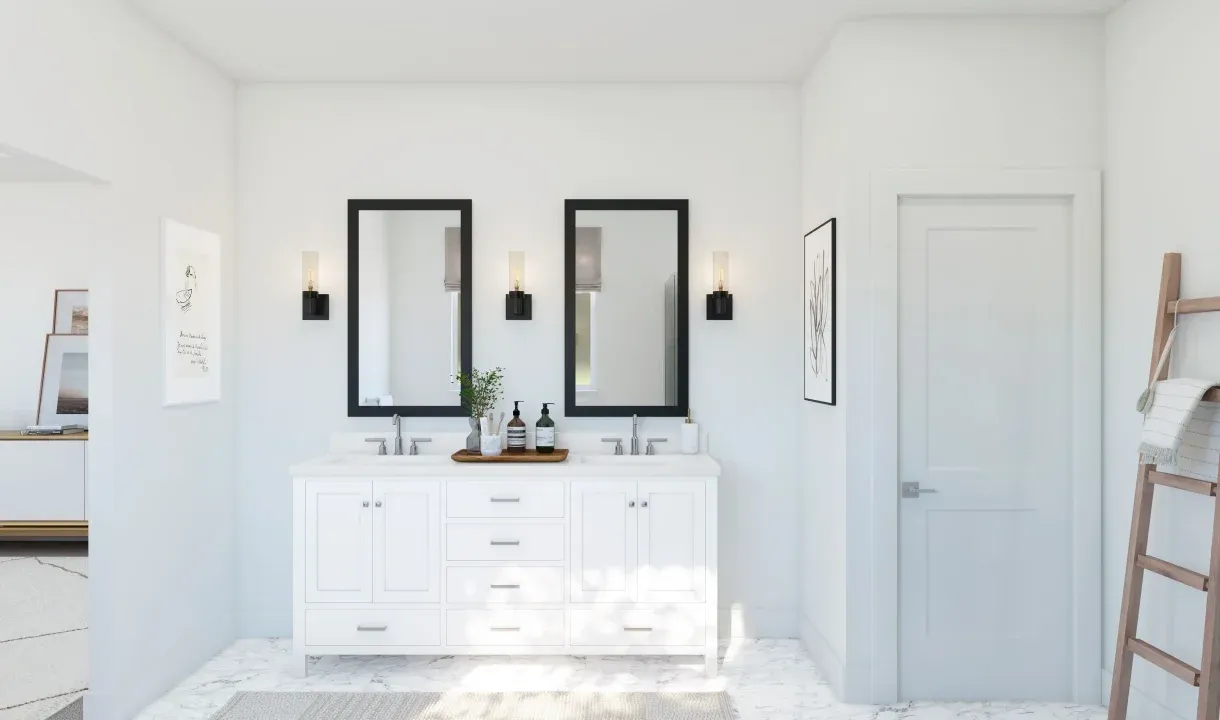 Primary bath with freestanding vanity and chrome fixtures