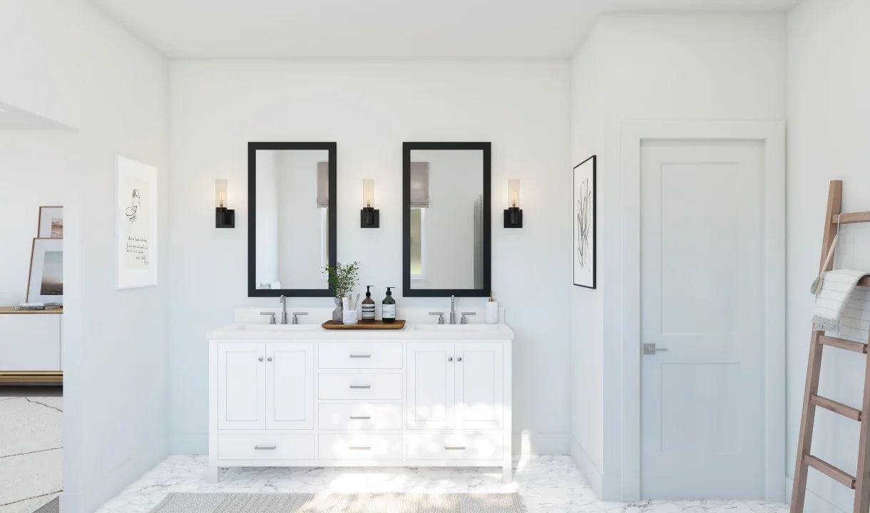 Primary bath with freestanding vanity and chrome fixtures