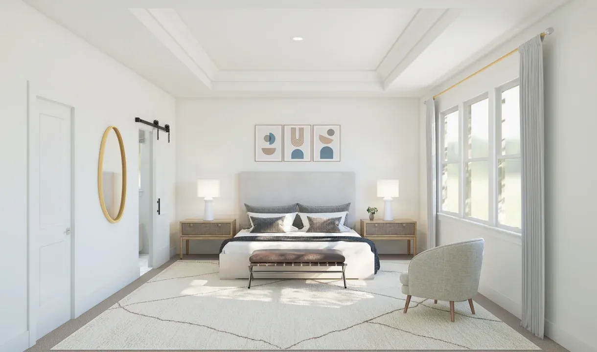 Primary suite with crown moulding and private primary bath