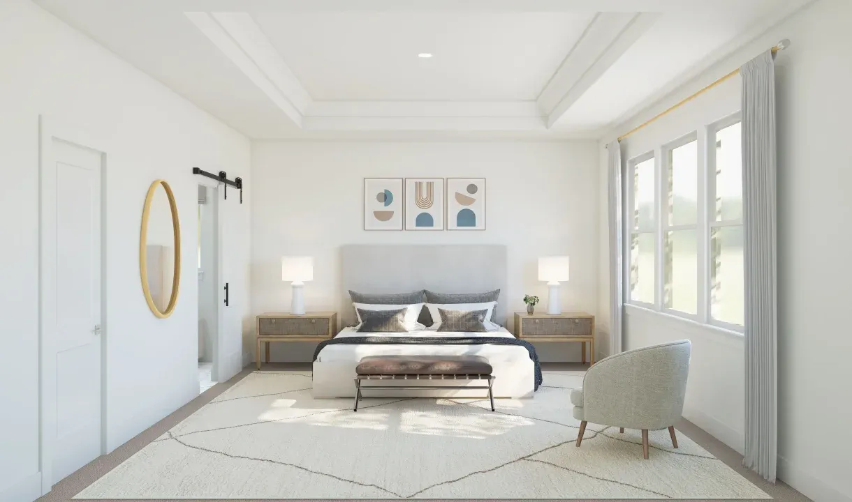 Primary suite with crown moulding and private primary bath