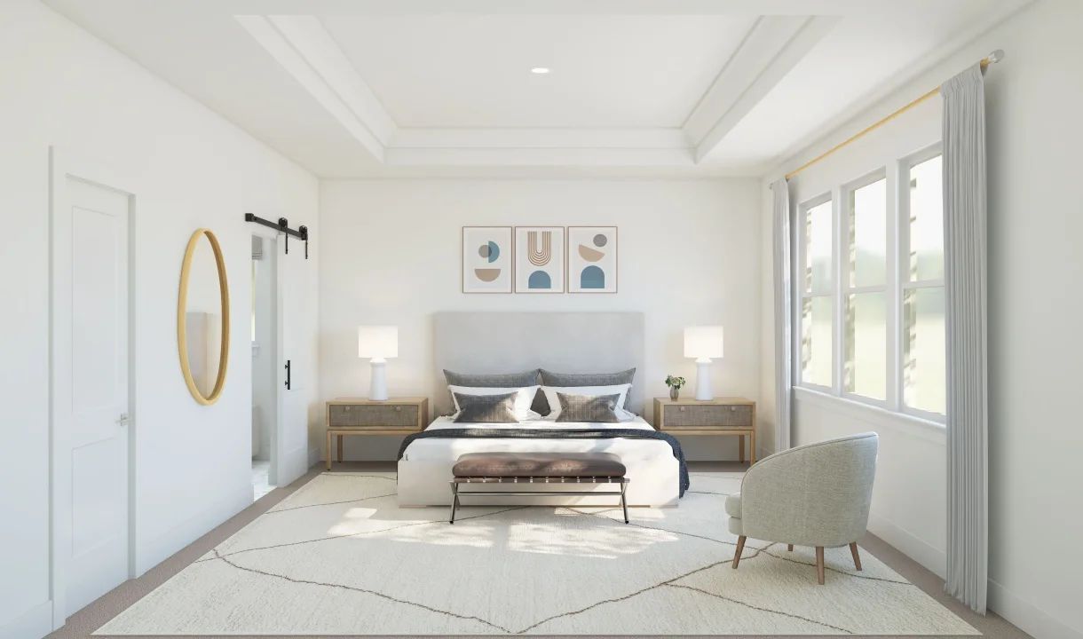 Primary suite with crown moulding and private primary bath