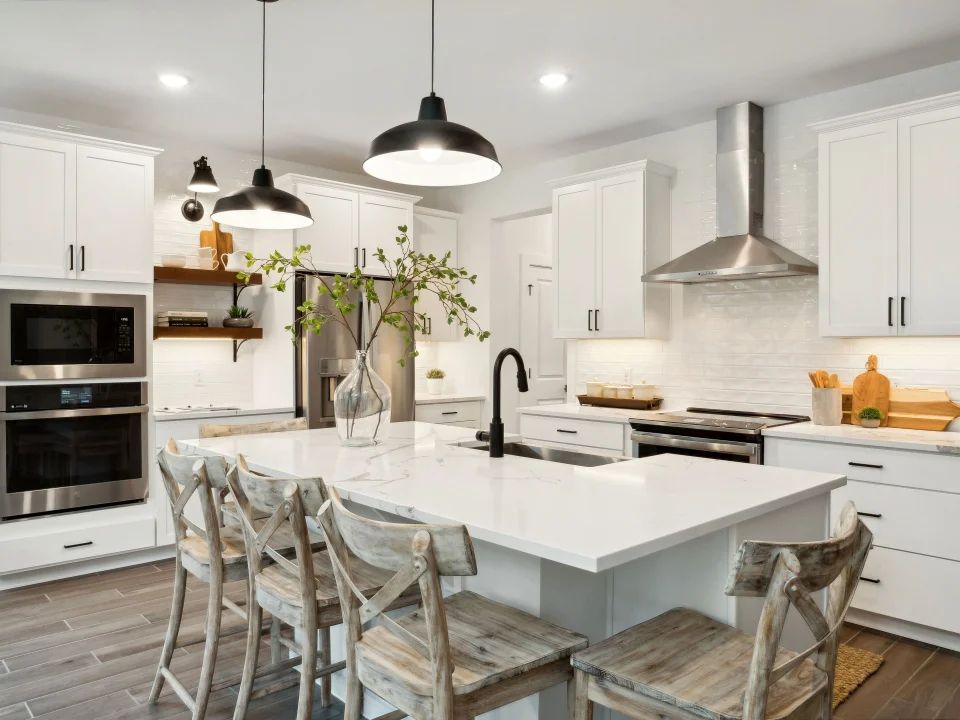 Kitchen with stainless steel sink and pendant lighting