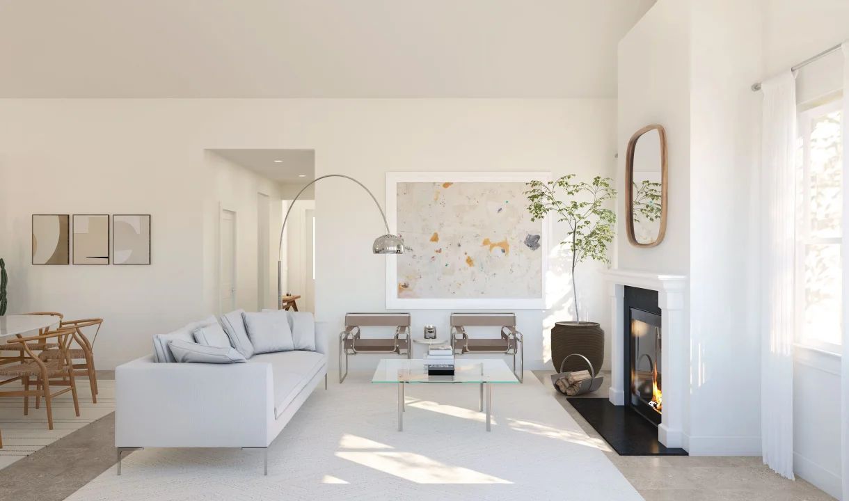 Great room with vaulted ceiling and fireplace