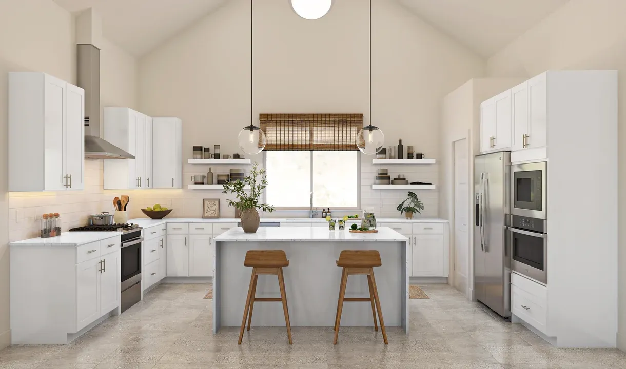 Kitchen with pendant lighting and floating shelves