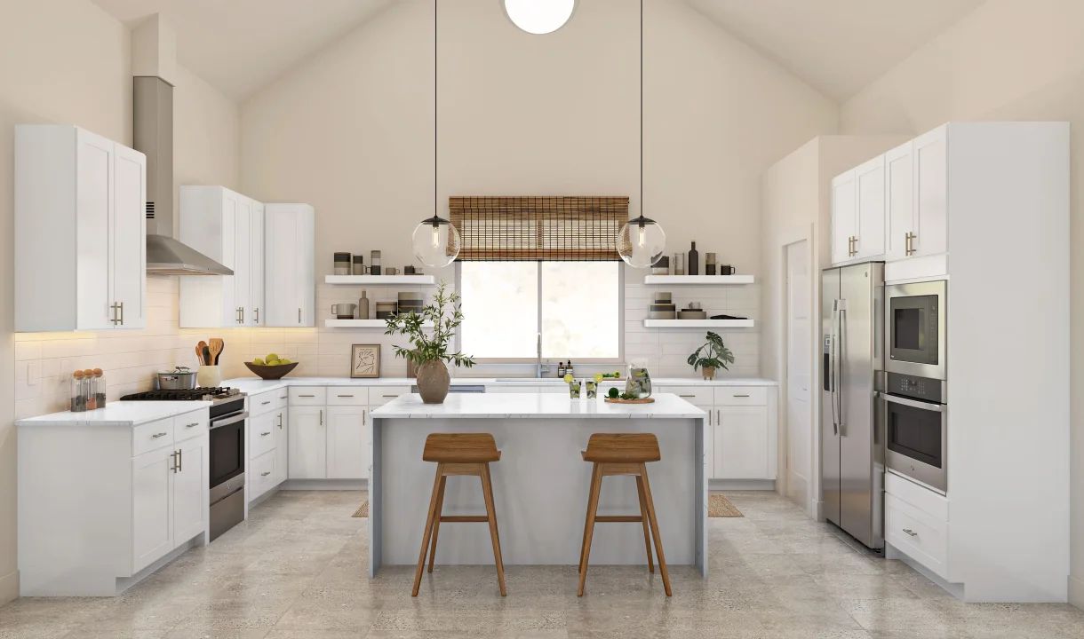 Kitchen with pendant lighting and floating shelves