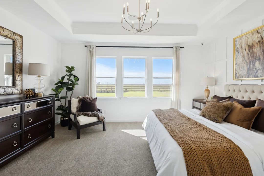 Primary suite with chandelier and tray ceiling