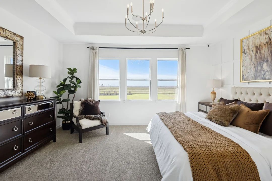 Primary suite with chandelier and tray ceiling
