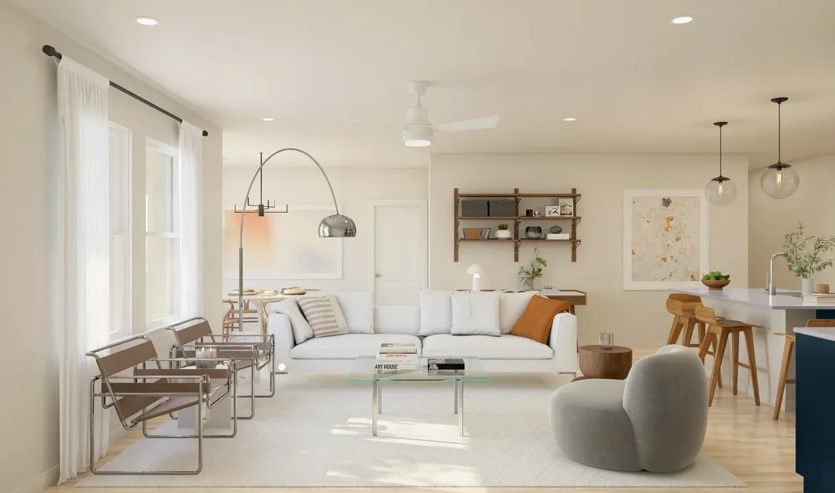 Great room with ceiling fan