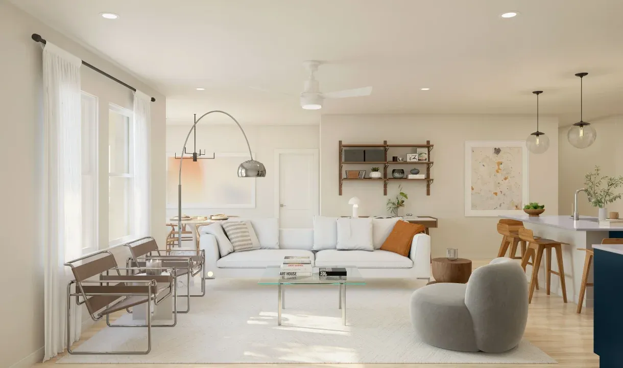 Great room with ceiling fan