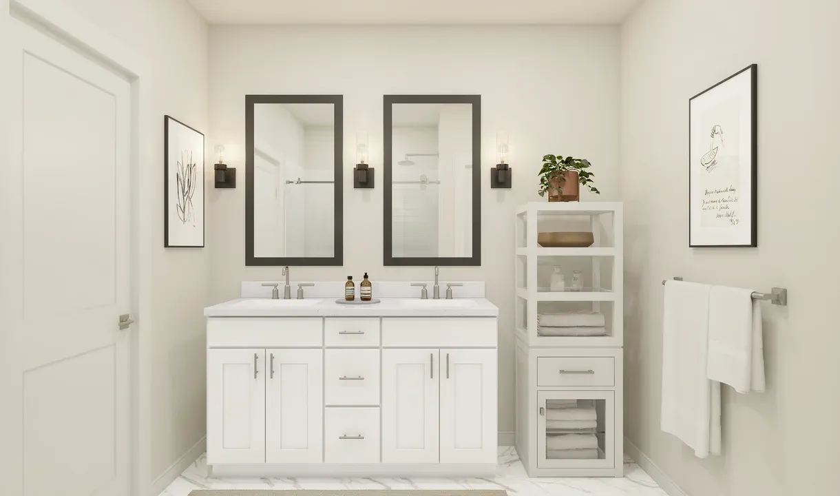 Primary bath features vanity with dual sinks
