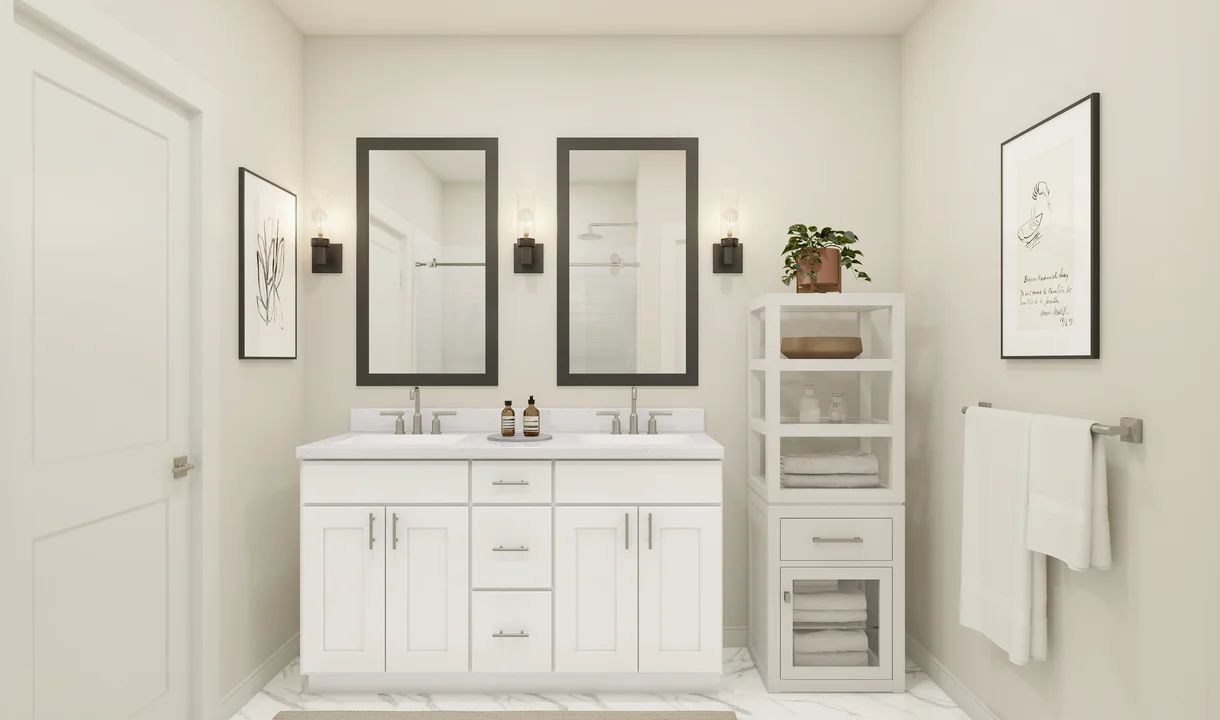Primary bath features vanity with dual sinks