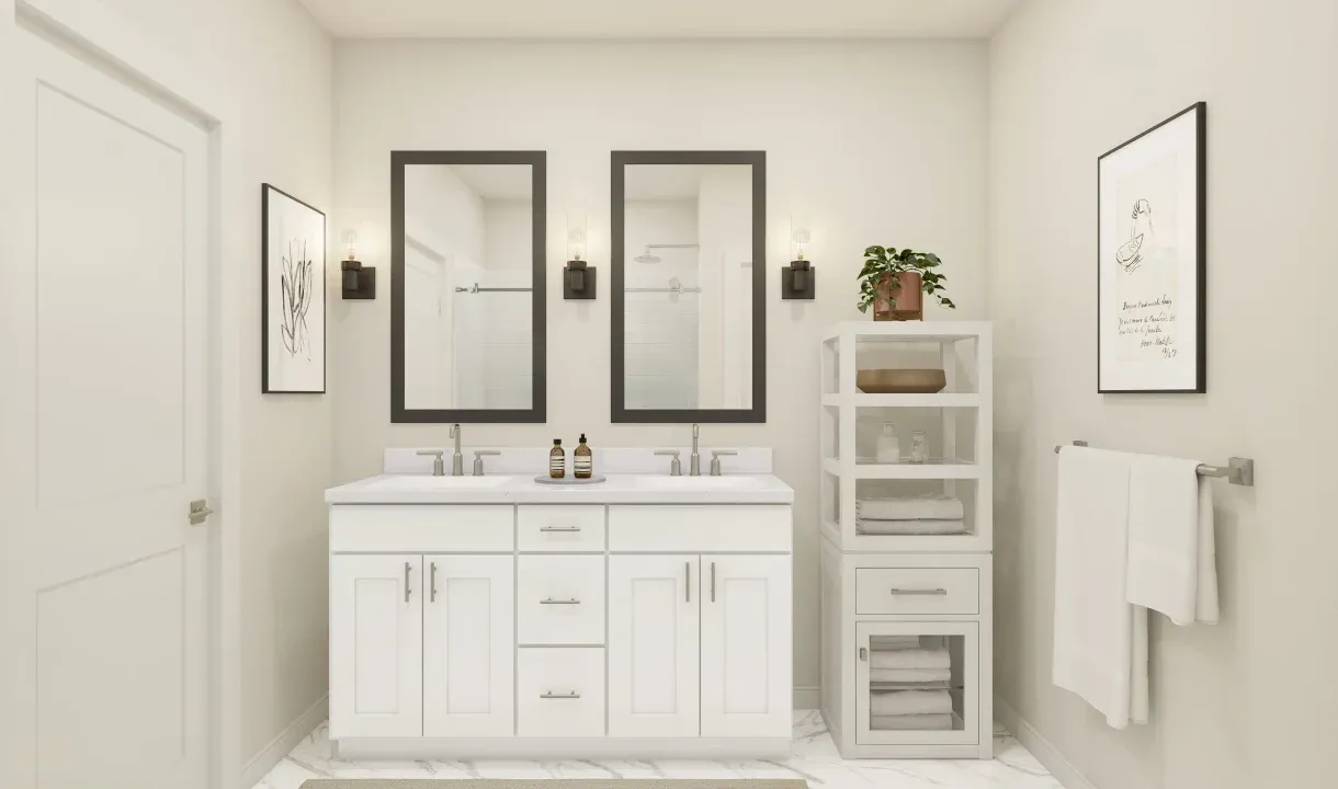 Primary bath features vanity with dual sinks