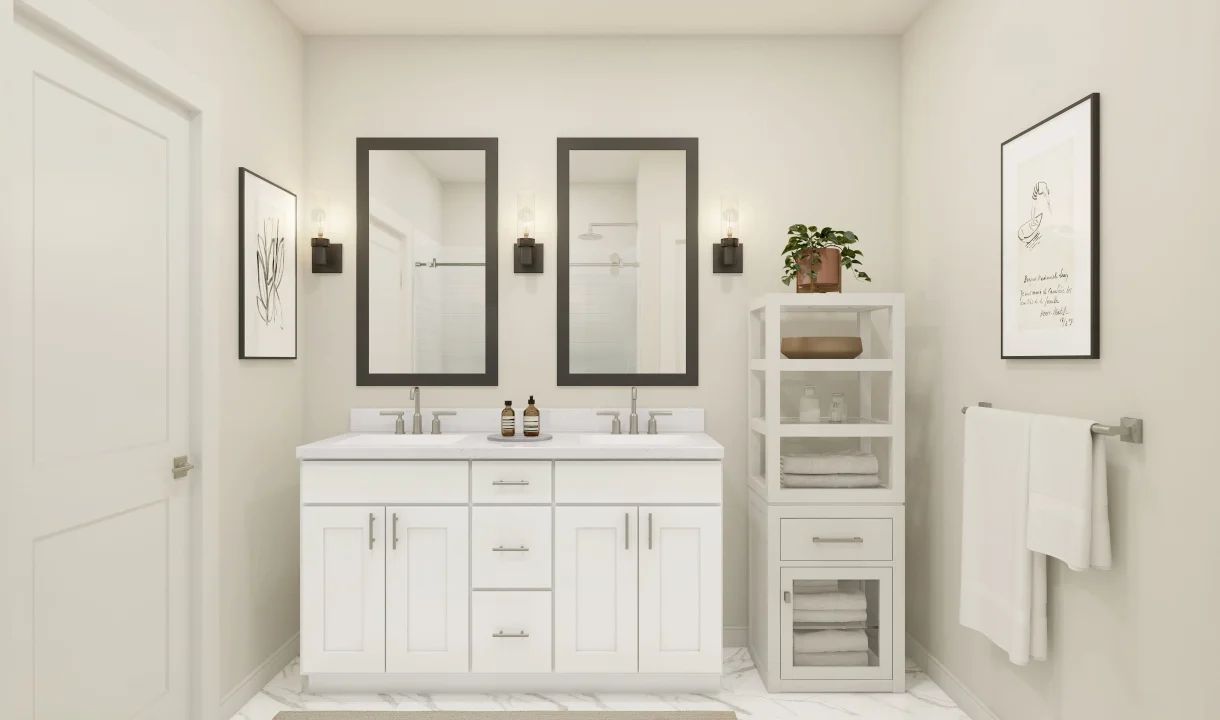 Primary bath features vanity with dual sinks